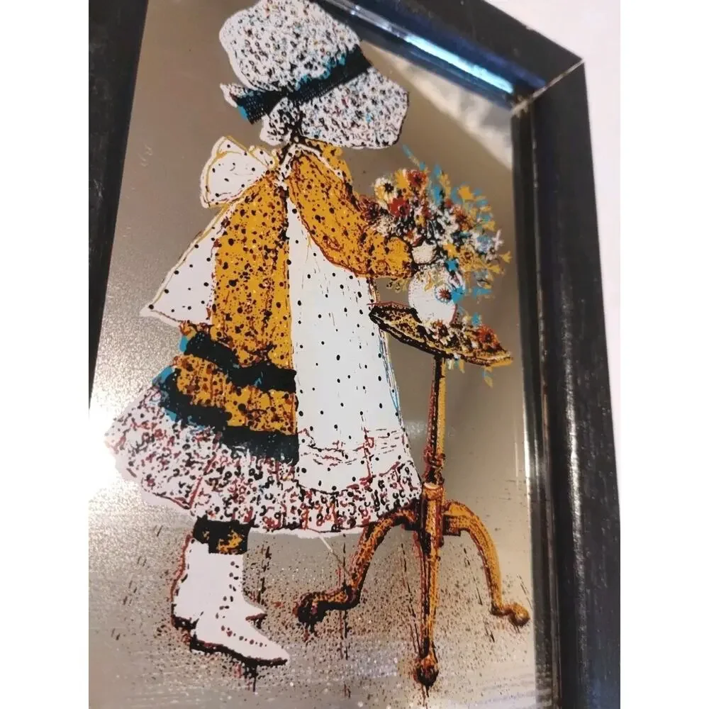 Vintage Holly Hobbie Framed Art Mirror Painted RARE 1970's MADE IN ENGLAND Stamp